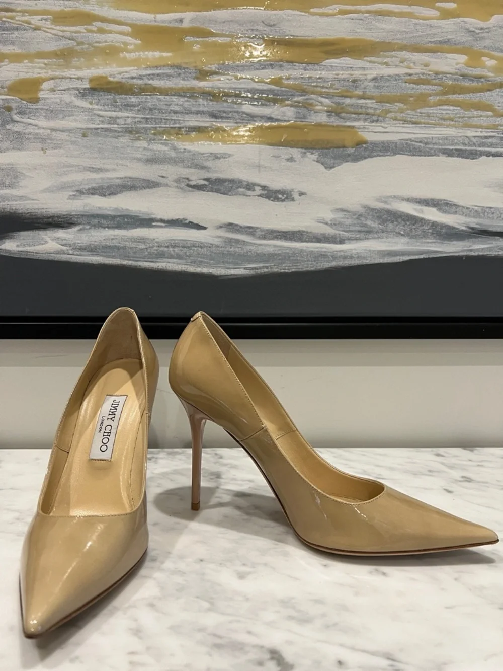 Jimmy Choo Beige Patent Leather Pointed-Toe Pumps - Picture 6 of 9